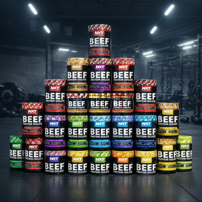 Stack of various flavors of NXT Beef Protein Isolate containers in a gym setting.