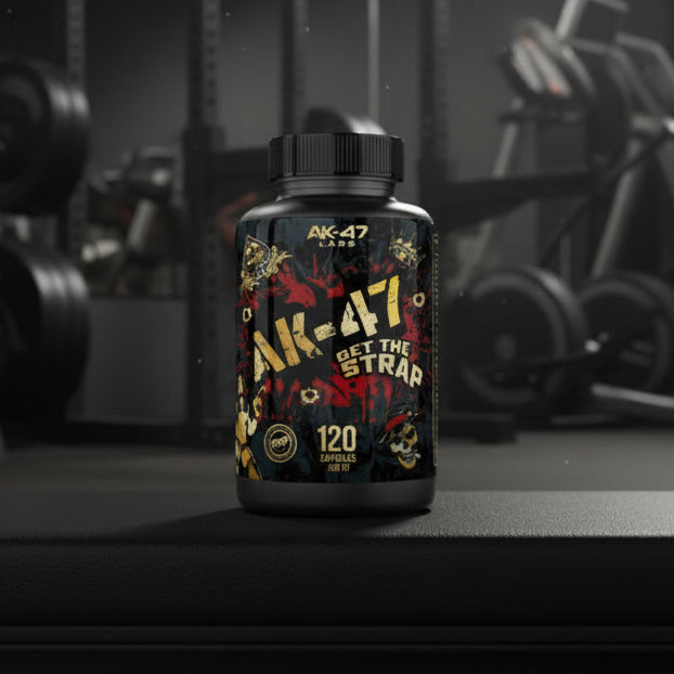 Black supplement bottle with 'AK-47 Labs' branding on a dark background