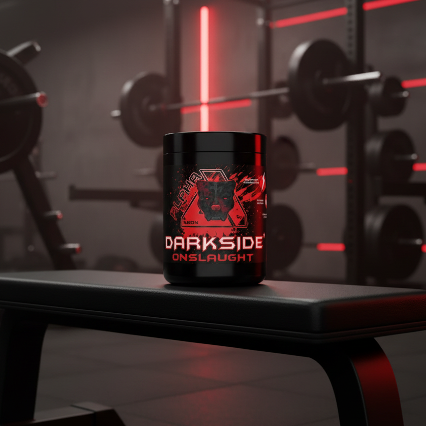 Black container with red text on a table in a gym setting