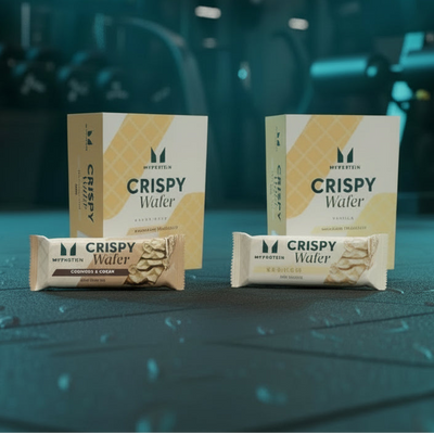 Crispy Wafer packages on a gym floor background