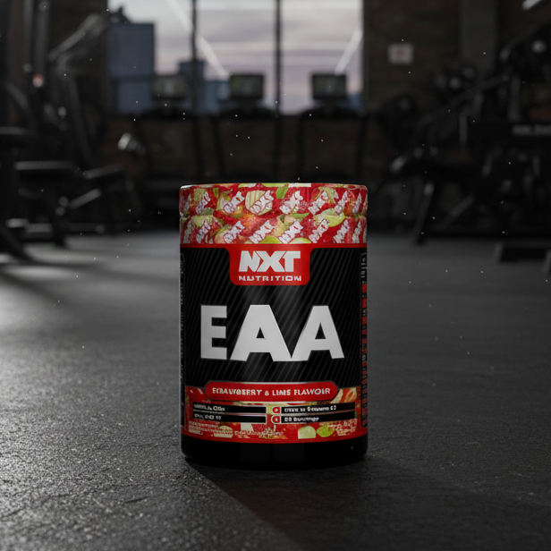 NXT Nutrition EAA supplement container with strawberry and lime flavor on a white background