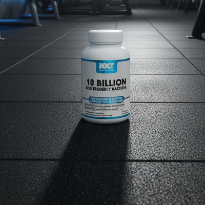 NXT Nutrition supplement bottle with 10 billion live friendly bacteria claim on a gym background