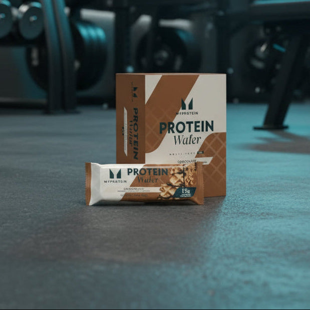 Protein wafer packaging on a gym floor with gym equipment in the background