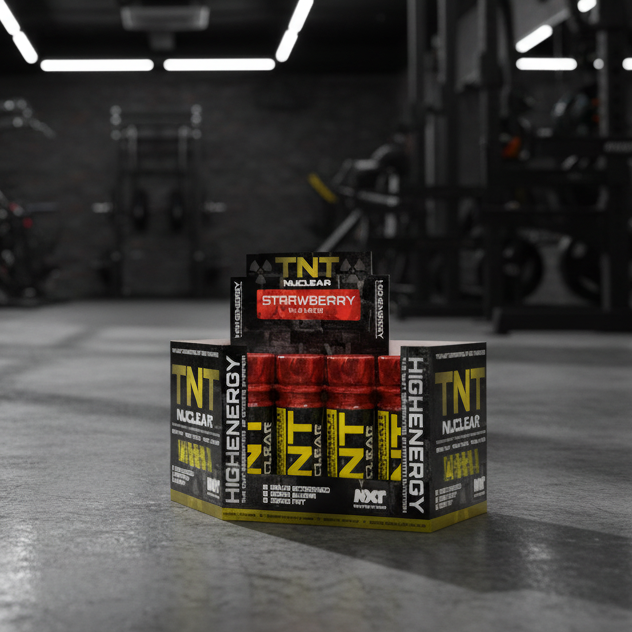 Box of TNT Nucleare energy drinks in a gym setting