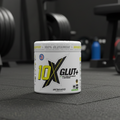 10X Glut+ supplement container on a gym floor with weights and exercise equipment in the background