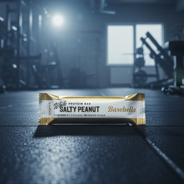Bar of chocolate with 'The Salty Peanut' label on a gym floor