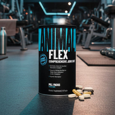 Black supplement canister labeled 'Animal Flex' with various pill packs on a gym background