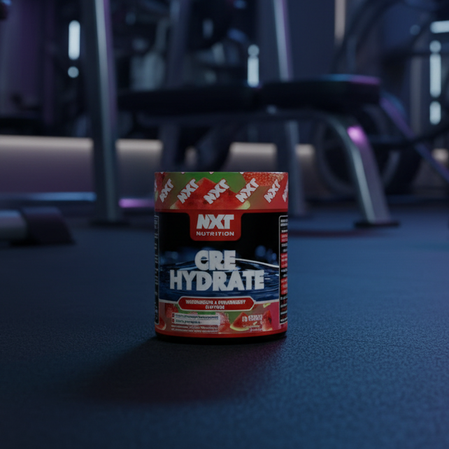 NXT Core Hydrate supplement container on a gym floor with equipment in the background