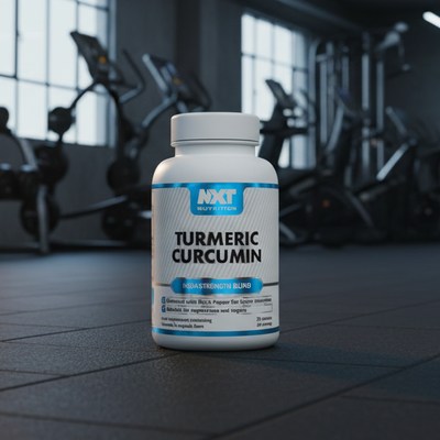 NXT Nutrition Turmeric Curcumin supplement bottle on a gym background