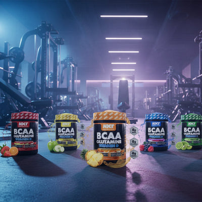 Supplement containers with visible branding on a gym floor.