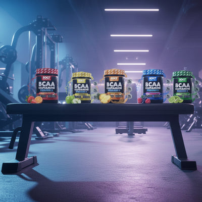 Supplement containers with visible branding on a gym floor.