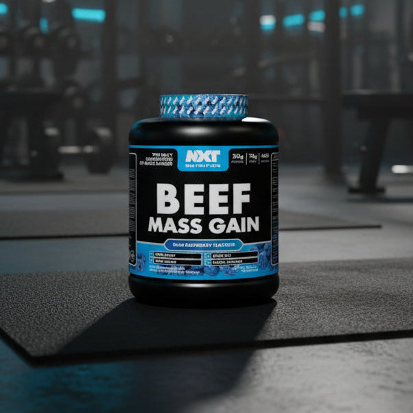 Beef Mass Gain supplement container with NXT Nutrition branding on a gym background