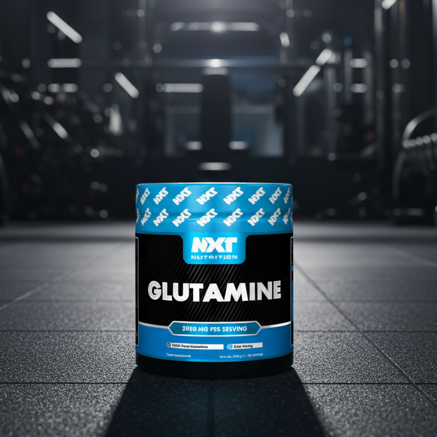Container of NXT Glutamine supplement in a gym setting