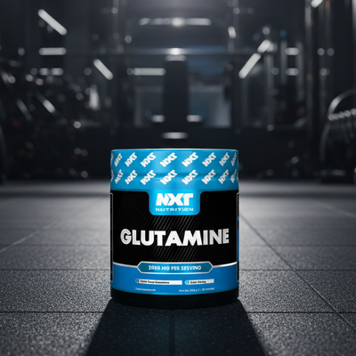 Container of NXT Glutamine supplement in a gym setting