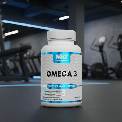 Omega 3 supplement bottle with NXT Nutrition label in a gym setting