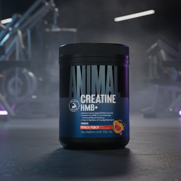 Container of Animal Creatine HMB+ supplement with gym equipment in the background
