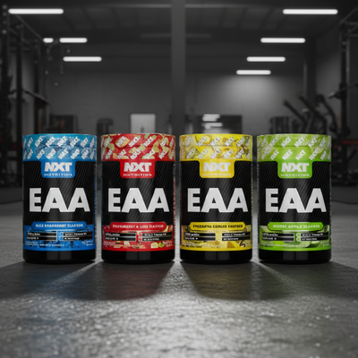 Four bottles of NXT Nutrition EAA powder in different flavors on a gym floor.