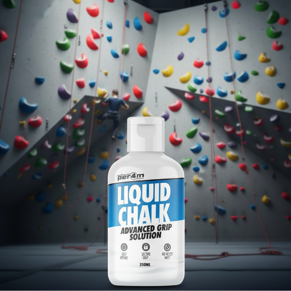 Per4m liquid chalk bottle with climbing wall background