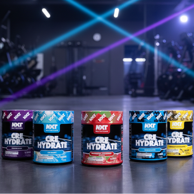 Assorted containers of NXT Nutrition Cre Hydrate on a gym background