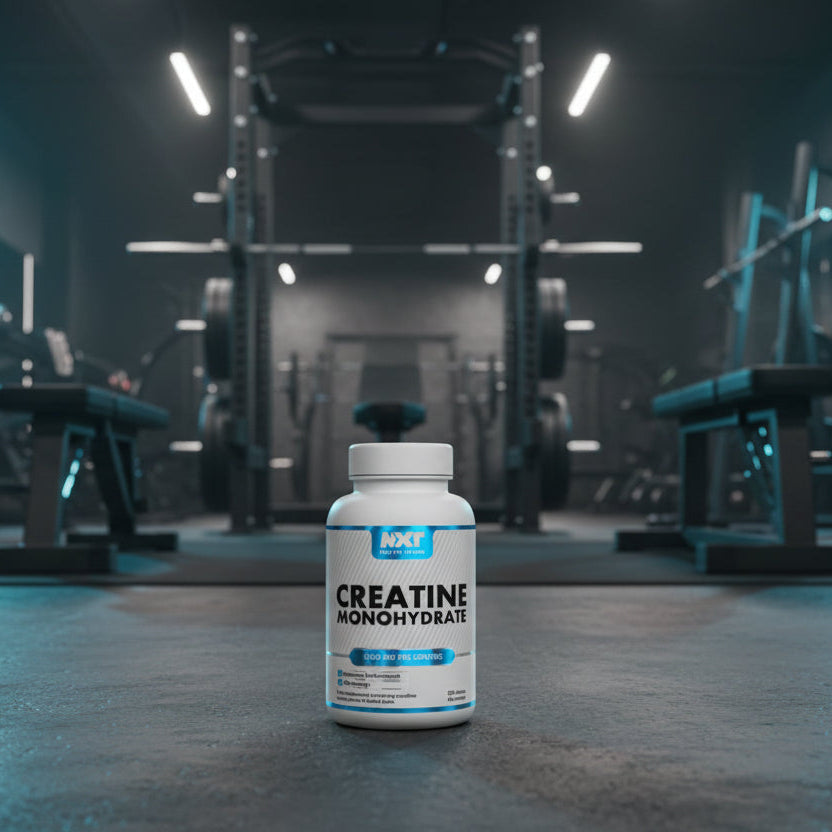 Supplement bottle labeled 'Creatine Monohydrate' on a gym floor with equipment in the background