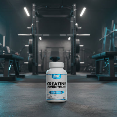 Supplement bottle labeled 'Creatine Monohydrate' on a gym floor with equipment in the background
