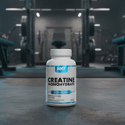 Supplement bottle labeled 'Creatine Monohydrate' on a gym floor with equipment in the background