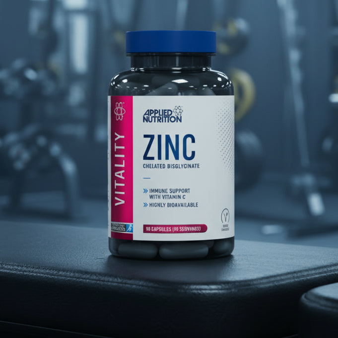 Bottle of Applied Nutrition Zinc supplement with gym equipment in the background