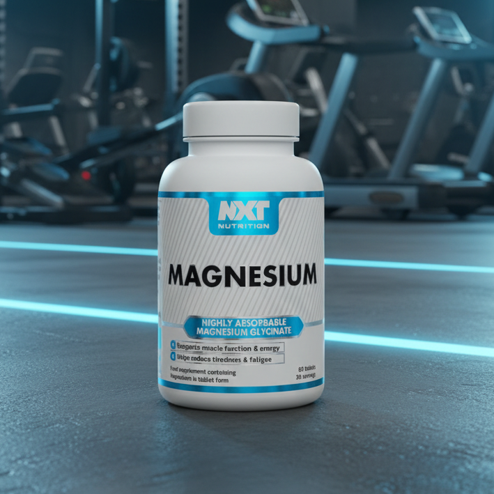 NXT Nutrition magnesium supplement bottle with blue and white label in gym setting.