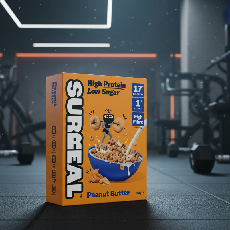 Box of Surreal Peanut Butter cereal with a gym background