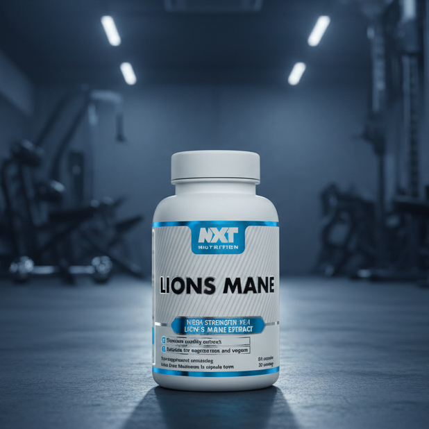 NXT Nutrition Lions Mane supplement bottle on a gym background