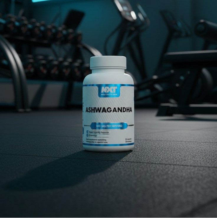 Bottle of Ashwagandha supplement on a gym floor with equipment in the background