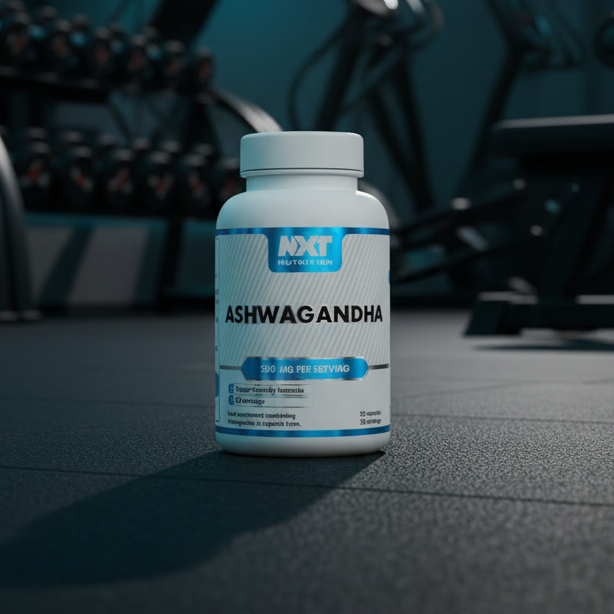 Bottle of Ashwagandha supplement on a gym floor with equipment in the background