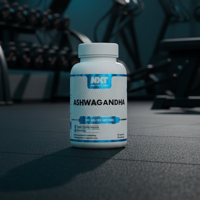 Bottle of Ashwagandha supplement on a gym floor with equipment in the background