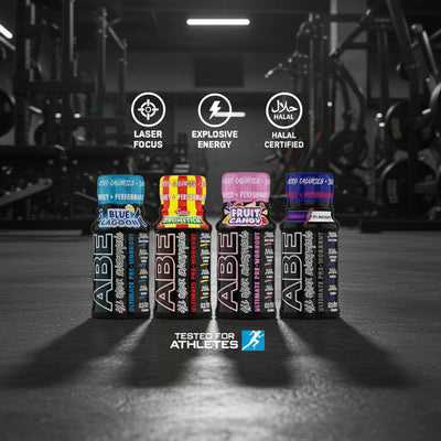 ABE shot bottles with flavor and certification icons on a gym background