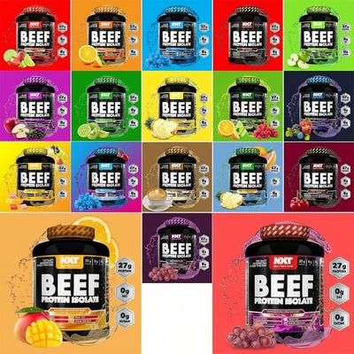 Grid of Nxt Protein Beef Protein Isolate containers in various flavors with colorful backgrounds.