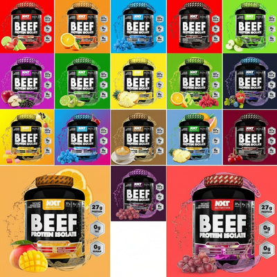 Grid of Nxt Protein Beef Protein Isolate containers in various flavors with colorful backgrounds.