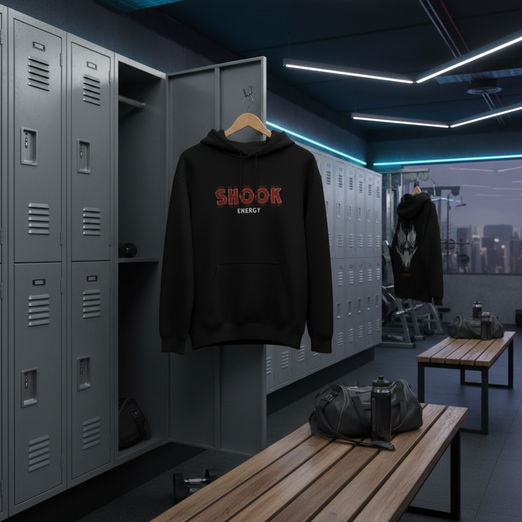 Shook hoodie in a gym setting