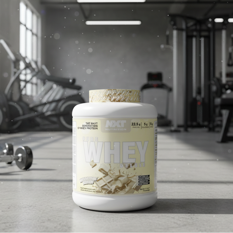 NXT Nutrition Pure Whey Deluxe protein powder container on a gym background