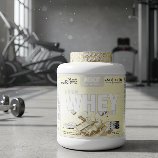 NXT Nutrition Pure Whey Deluxe protein powder container on a gym background