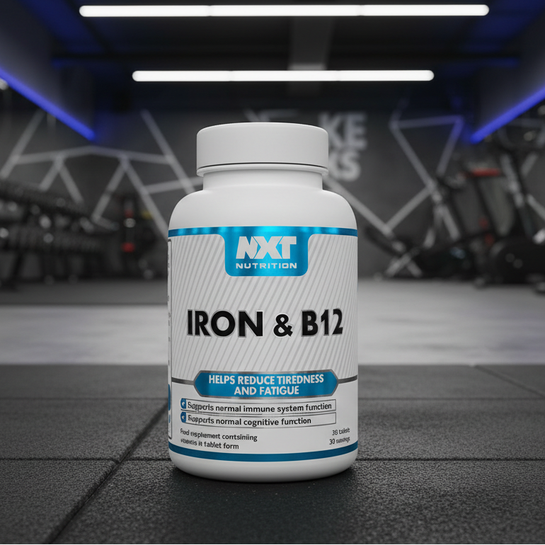 NXT Nutrition Iron & B12 supplement bottle on a gym background