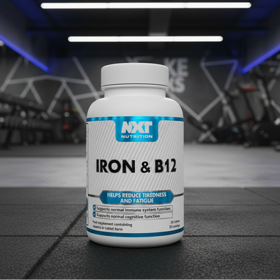 NXT Nutrition Iron & B12 supplement bottle on a gym background