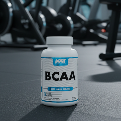 BCAA supplement bottle with NXT Nutrition label on a gym background