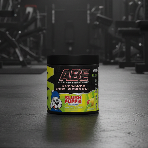 Pre-workout supplement container with ABE and Slush Puppie branding on a gym background