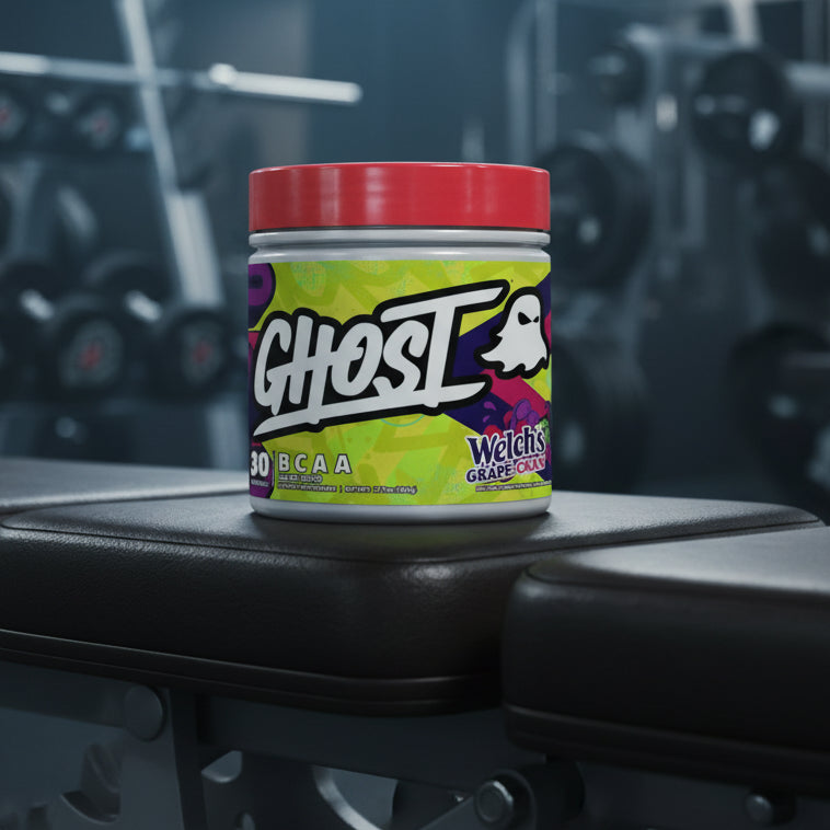 GHOST supplement container with colourful label featuring Welch's Grape Cran flavour
