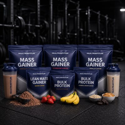 NULTRAFITUK mass gainer and bulk protein powders with chocolate shake, bananas, oats and peanut butter displayed on a rubber gym floor in a dark gym environment.