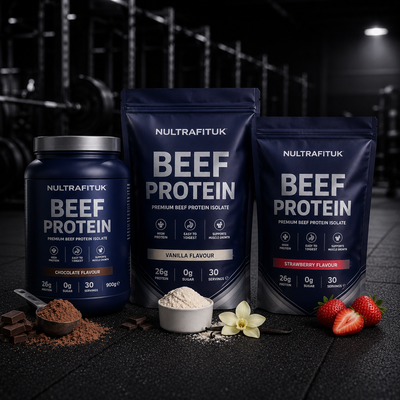 NULTRAFITUK beef protein powder with shaker bottle, protein powder scoop and raw steak displayed on a rubber gym floor in a dark gym environment.