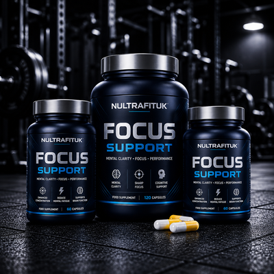 Focus support supplements displayed in a gym setting with NULTRAFITUK containers designed for mental focus and concentration