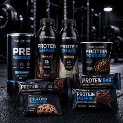 NULTRAFITUK branded fitness foods, like protein cookies and pre workouts on a gym floor.