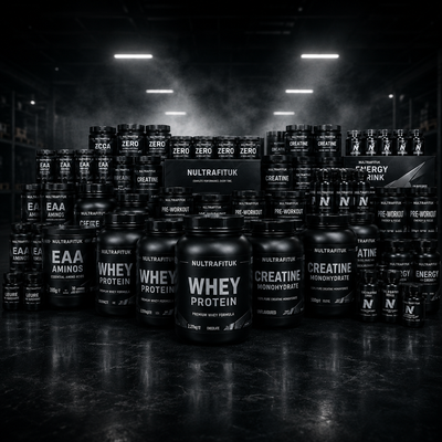 Nultrafituk branded fitness products stacked in large quantities in a gym setting for bulk buying