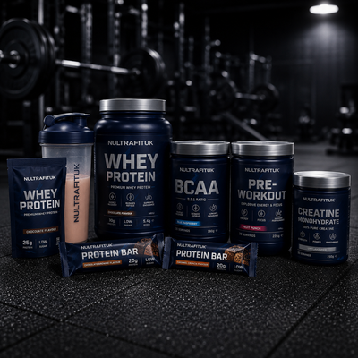 Flexi range affordable supplements featuring creatine, pre workout, protein tubs and water bottle on dark smoky background